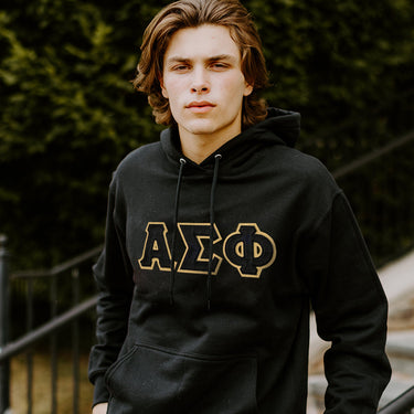 Alpha Sig Black Hoodie with Black Sewn On Letters Alpha Sigma Phi