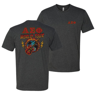 Charcoal t-shirt called the Alpha Sigma Phi World Tour tee with vintage rock-inspired design, bold Alpha Sig letters on front, and fiery guitar graphic on back.