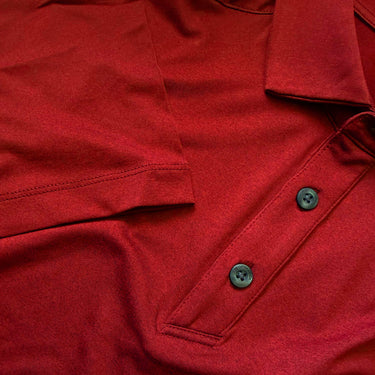 Close up image showing the red heathered Cutter & Buck polo