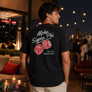 Model wearing the High Roller Tee from the back, featuring a full back dice graphic on a black Comfort Colors tee.