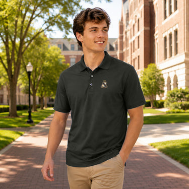 College student wearing fraternity polo embroidered with crest on left chest.