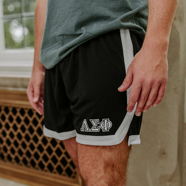Alpha Sig Greek Fraternity Black 7" Mesh Shorts with Greek letters.