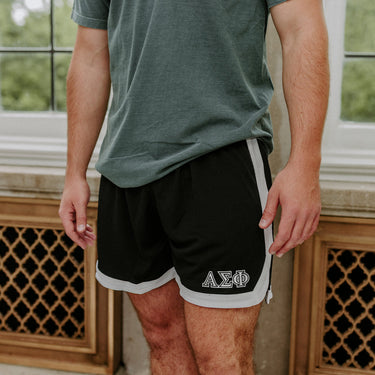 Alpha Sigma Phi Fraternity Black 7" Mesh Shorts with Greek letters.