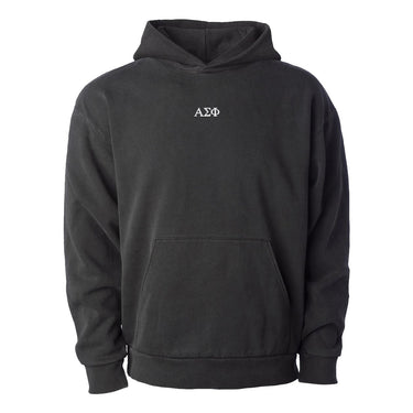 Black heavyweight hoodie with Alpha Sigma Phi Greek letters embroidered in white on the center chest.