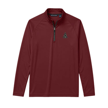 Maroon Cutter + Buck Adapt quarter zip pullover with embroidered crest on the left chest, stand-up collar, and black zipper detailing.