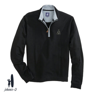 A black johnnie-O quarter-zip pullover with a gray collar and leather zipper pull, featuring an embroidered fraternity crest on the left chest. Displayed on a white background with the johnnie-O logo in the bottom corner.
