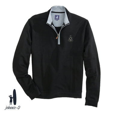 A black johnnie-O quarter-zip pullover with a gray collar and leather zipper pull, featuring an embroidered fraternity crest on the left chest. Displayed on a white background with the johnnie-O logo in the bottom corner.