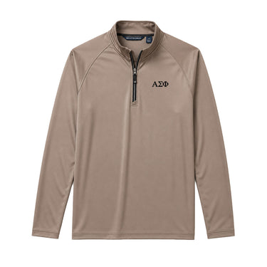 Mushroom Cutter & Buck Adapt quarter-zip pullover with black embroidered Alpha Sigma Phi Greek letters on the left chest.