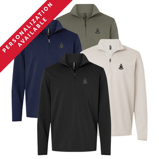 Four Alpha Sigma Phi Embroidered Luxe Quarter Zips in black, smoke, navy, and pine colors with crest embroidery on the left chest. Banner reads Personalization Available.