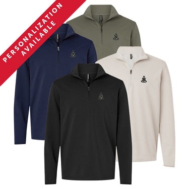 Four Alpha Sigma Phi Embroidered Luxe Quarter Zips in black, smoke, navy, and pine colors with crest embroidery on the left chest. Banner reads Personalization Available.