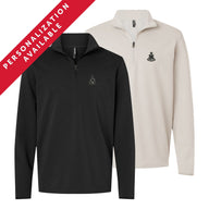 Two Alpha Sigma Phi Embroidered Luxe Quarter Zips in black and smoke colors with crest embroidery on the left chest. Banner reads Personalization Available.