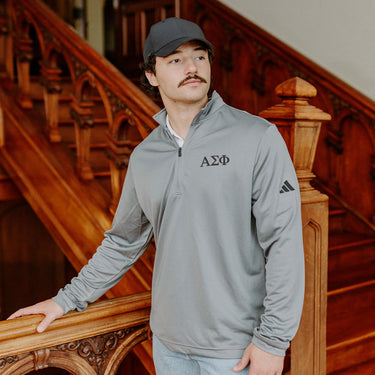 Alpha Sigma Phi Fraternity Grey Adidas Lightweight Performance 1/4 Zip with Greek letters.