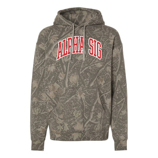 Alpha Sig Deadwood Camo Hoodie featuring an all-over woodland camouflage print, red and white arched Alpha Sigma Phi lettering, drawstring hood, and kangaroo pocket.
