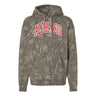 Alpha Sig Deadwood Camo Hoodie featuring an all-over woodland camouflage print, red and white arched Alpha Sigma Phi lettering, drawstring hood, and kangaroo pocket.