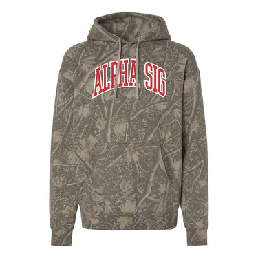 Alpha Sig Deadwood Camo Hoodie featuring an all-over woodland camouflage print, red and white arched Alpha Sigma Phi lettering, drawstring hood, and kangaroo pocket.