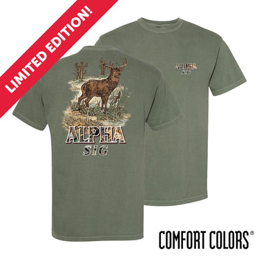 Front and back view of moss green Comfort Colors T-shirt featuring woodland deer back graphic and small chest print.
