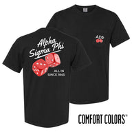 Comfort Colors High Roller Tee shown front and back, featuring a small dice graphic on the chest pocket and a large casino-inspired dice design on the back.