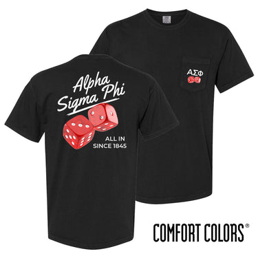 Comfort Colors High Roller Tee shown front and back, featuring a small dice graphic on the chest pocket and a large casino-inspired dice design on the back.