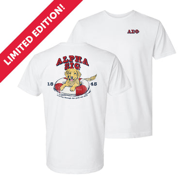 Alpha Sig Wags & Waves fraternity t-shirt featuring a golden retriever dog floating in an innertube