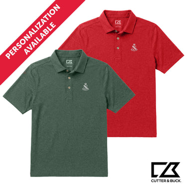 Two heathered Cutter & Buck polo shirts in green and red with embroidered crest detail and personalization available.