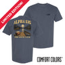 Front and back view of a blue Comfort Colors graphic t-shirt with vintage lake-inspired artwork