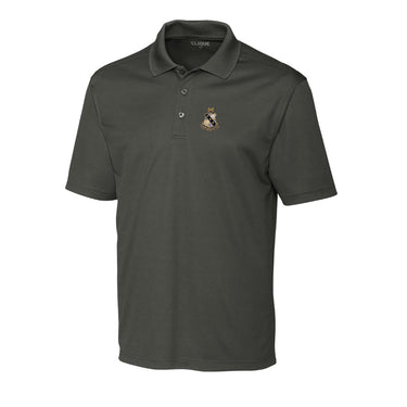 Fraternity polo with coat of arms embroidered on left chest.