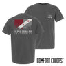 Fraternity grey short sleeve tee with colorful flag design on back and chest pocket log