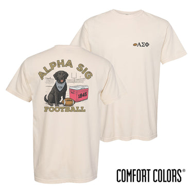 Alpha Sig fraternity t-shirt featuring a black lab in a football stadium