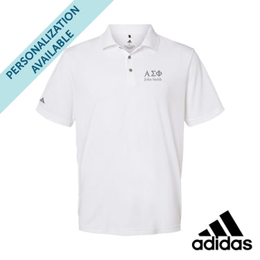 New! Alpha Sig White Adidas Golf Polo With Greek Letters Alpha Sigma Phi