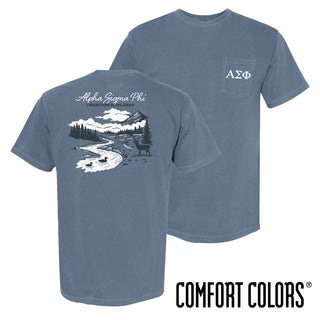 Alpha Sig fraternity t-shirt featuring an outdoor nature scene.