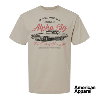 Beige T-shirt displayed on a plain background with a vintage-inspired graphic of a classic muscle car, mixed typography, and a soft red and black print design.
