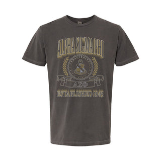 Alpha Sig Collegiate Crest Graphic Tee in charcoal grey featuring bold Alpha Sigma Phi lettering, fraternity crest, Greek letters, and established year design.