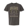 Alpha Sig Collegiate Crest Graphic Tee in charcoal grey featuring bold Alpha Sigma Phi lettering, fraternity crest, Greek letters, and established year design.