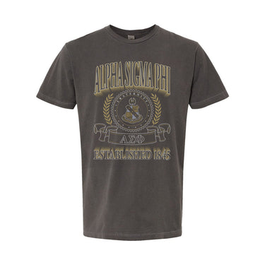 Alpha Sig Collegiate Crest Graphic Tee in charcoal grey featuring bold Alpha Sigma Phi lettering, fraternity crest, Greek letters, and established year design.