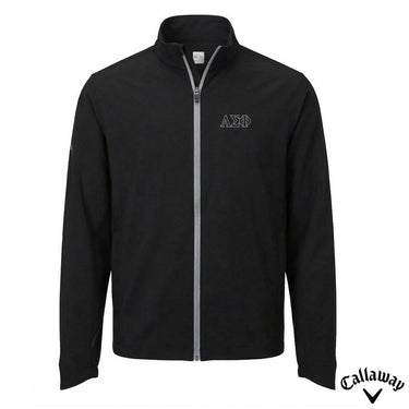 Black Callaway full-zip water-repellent golf jacket with Greek letter embroidery on chest displayed on white background