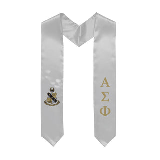 White graduation stole decorated with Greek letters and Coat of Arms