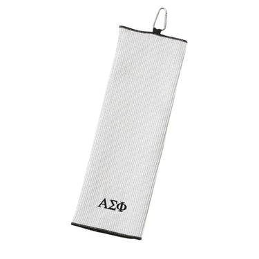 Alpha Sigma Phi embroidered golf towel with Greek letters.